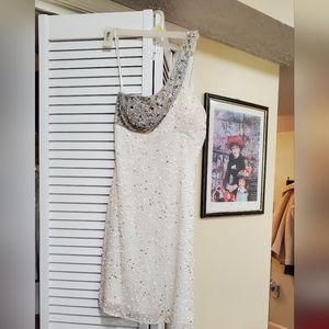 Scala Silk White Sequined One Shoulder Dress Size 2